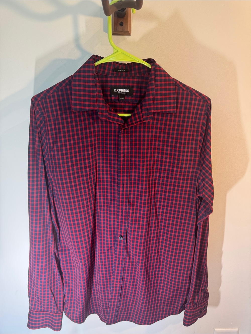 Express Men’s Red and Navy Checked Button-Up Shirt
